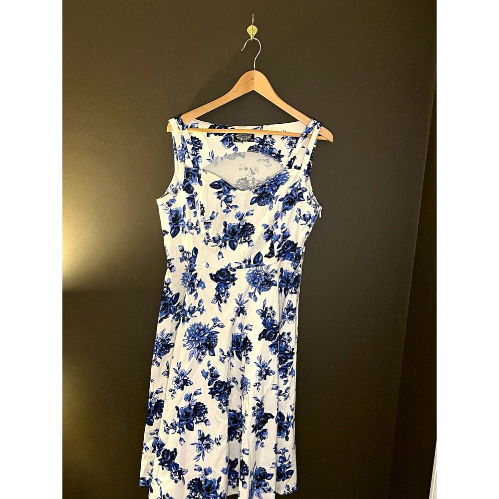 Hearts & Roses London Dress US 12 Blue White Floral Sweetheart Rockabilly Pinup